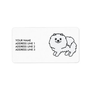 Söt Vit Pomeranian Tecknad Hund & Text Adressetikett