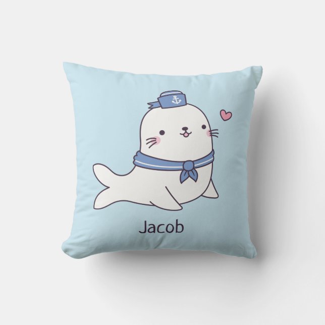 Söt Vit Säl Sjöman Pojkrum Dekoration Namn Kudde (Framsida)