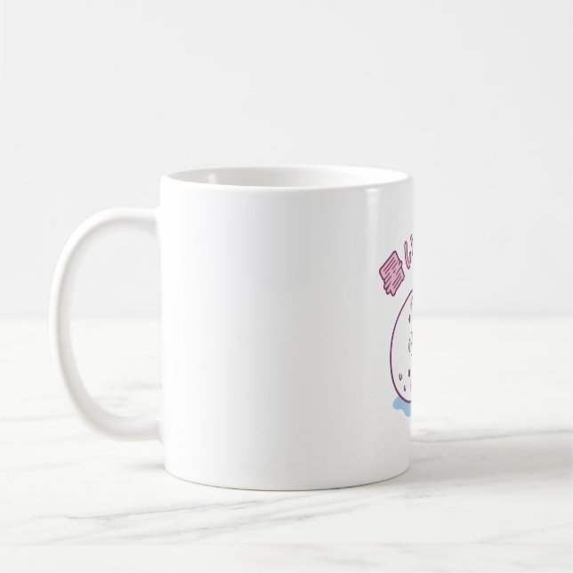 Söt vit säl som äter vattenmelon, det är varmt kaffemugg (Vänster)