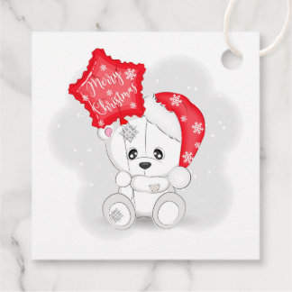 Söt vit teddybjörn & Glad jul-ballong Gåvor Etiketter