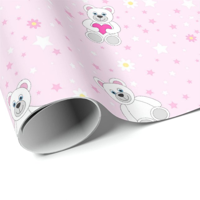 Söt vit teddybjörn Rosa barnkalas-mönster Presentpapper (Rullad Hörn)