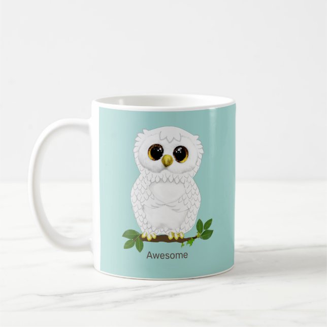 Söt vit uggla och lagerblad på turkos kaffemugg (Vänster)