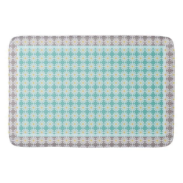 Söt vita daisy på blågröna och grått gräns badrumsmatta (Framsidan)