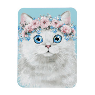 Söt vitblommigtkatt magnet