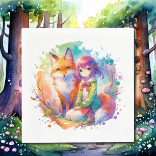 Söt Watercolor Anime Girl and Fox Birthday Pappersservett