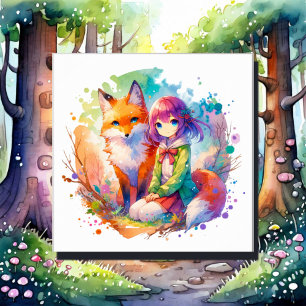 Söt Watercolor Anime Girl and Fox Canvastryck