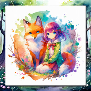 Söt Watercolor Anime Girl and Fox Poster