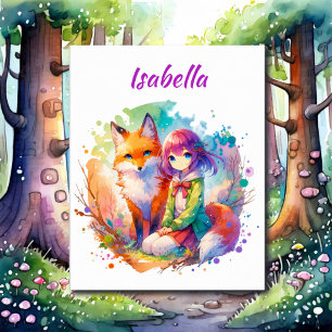 Söt Watercolor Anime Girl and Fox Poster