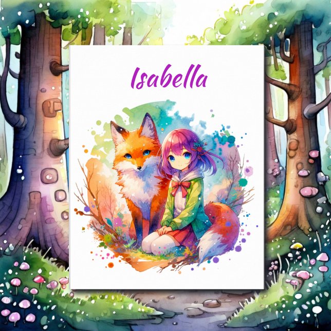 Söt Watercolor Anime Girl and Fox Poster (Skapare uppladdad)