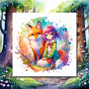 Söt Watercolor Anime Girl and Fox Poster