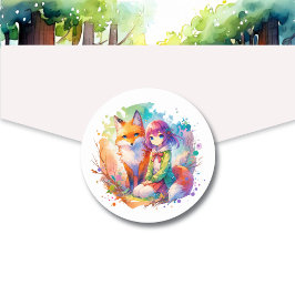 Söt Watercolor Anime Girl and Fox Runt Klistermärke