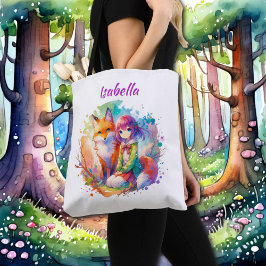 Söt Watercolor Anime Girl and Fox Tygkasse