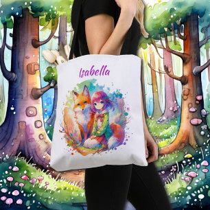Söt Watercolor Anime Girl and Fox Tygkasse