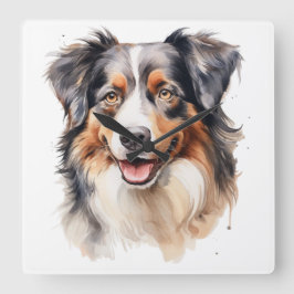 SÖT WATERCOLOR AUSTRALIAN SHEPHERD HUND FYRKANTIG KLOCKA
