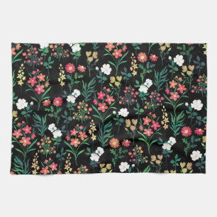 Söt Watercolor Blommigt Black Botanical Kökshandduk