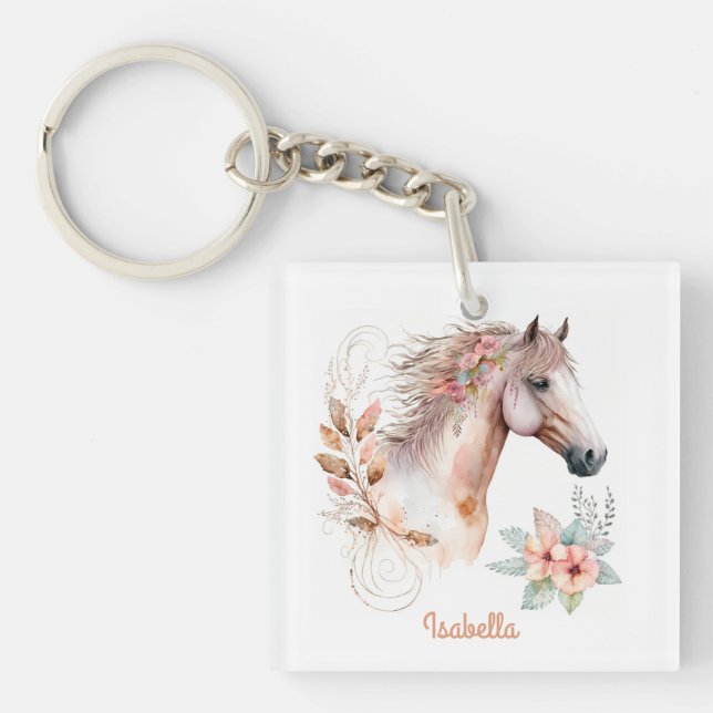Söt Watercolor Blommigt Boho Horse Keychain (Framsidan)