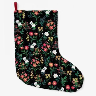 Söt Watercolor Blommigt Botanical Black Mönster Stor Julstrumpa