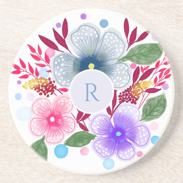 Söt Watercolor Blommigt Bouquet Monogram Underlägg (Framsidan)
