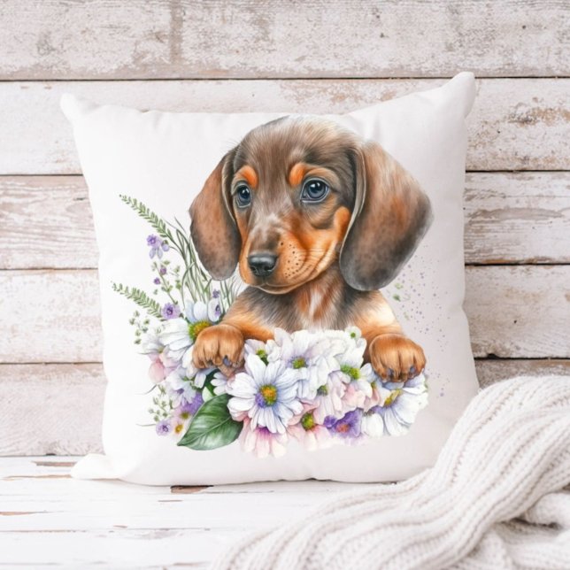 Söt Watercolor Blommigt Dachshund Puppy Hund Kudde (Skapare uppladdad)