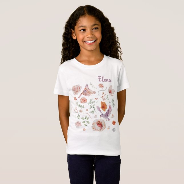 Söt Watercolor Blommigt Hummingbird Monogram T Shirt (Hel framsida)