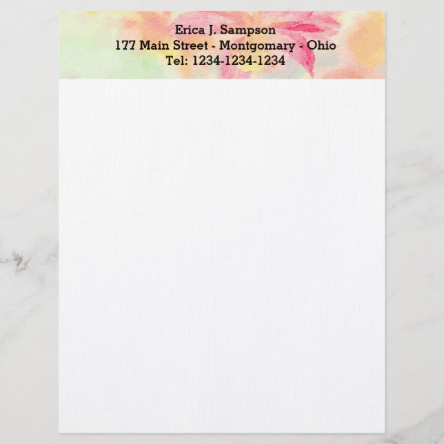 Söt Watercolor Blommigt Letterhead Brevhuvud (Framsida)