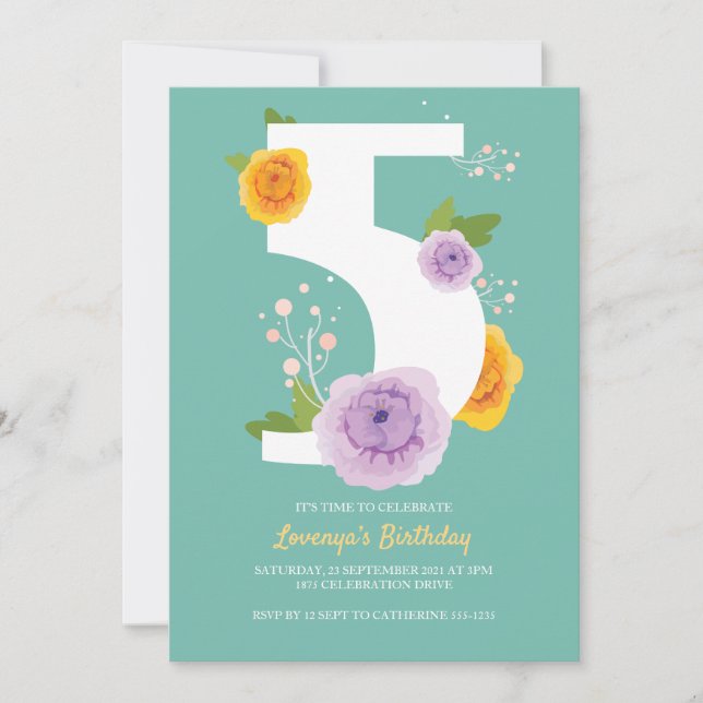 Söt Watercolor Blommigts Kids 5:e Födelsedagsfeste Spara Datumet (Framsida)