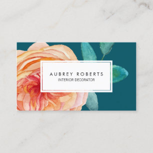 Söt Watercolor Blommönster Peach Teal Grönt Visitkort