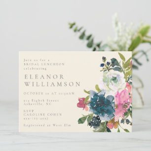 Söt Watercolor Boho Blue Blommigt Möhippa Luncheon Inbjudningar