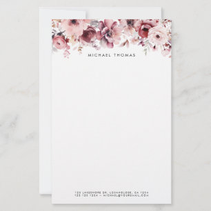 Söt Watercolor Burgundy och blommor Brevpapper
