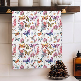 Söt Watercolor Butterfly Blommigt Garden Mönster Kökshandduk