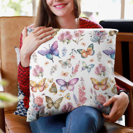 Söt Watercolor Butterfly Blommigt Garden Mönster Kudde