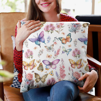 Söt Watercolor Butterfly Blommigt Garden Mönster Kudde