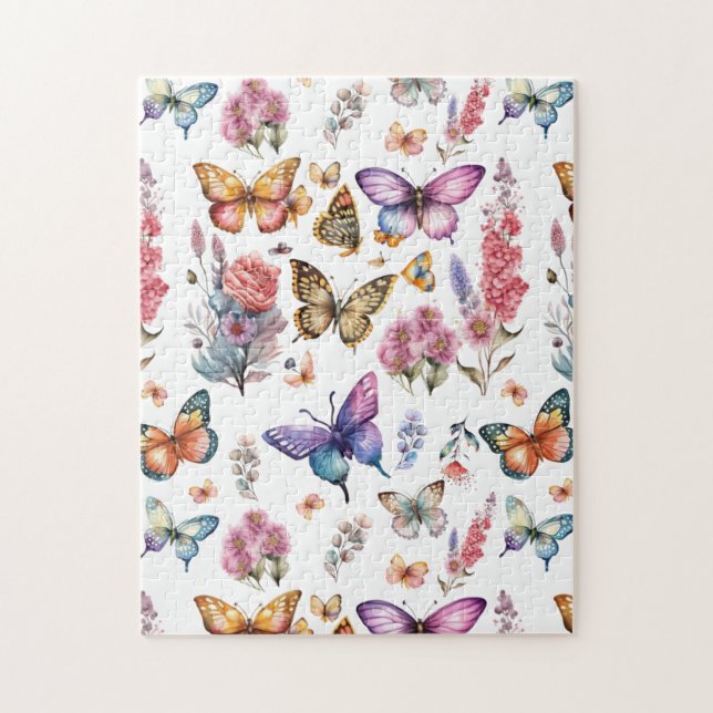Söt Watercolor Butterfly Blommigt Garden Mönster Pussel (Vertikal)