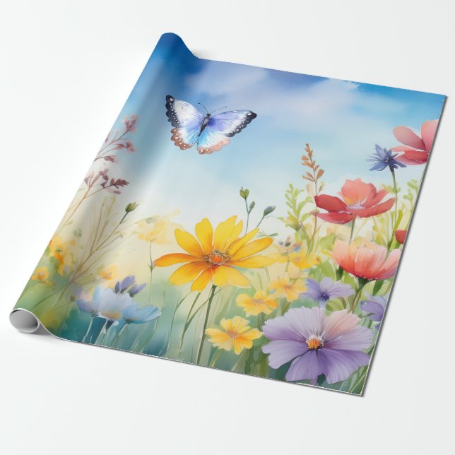 Söt Watercolor Butterfly in Butterfly Garden Presentpapper (Utrullad)