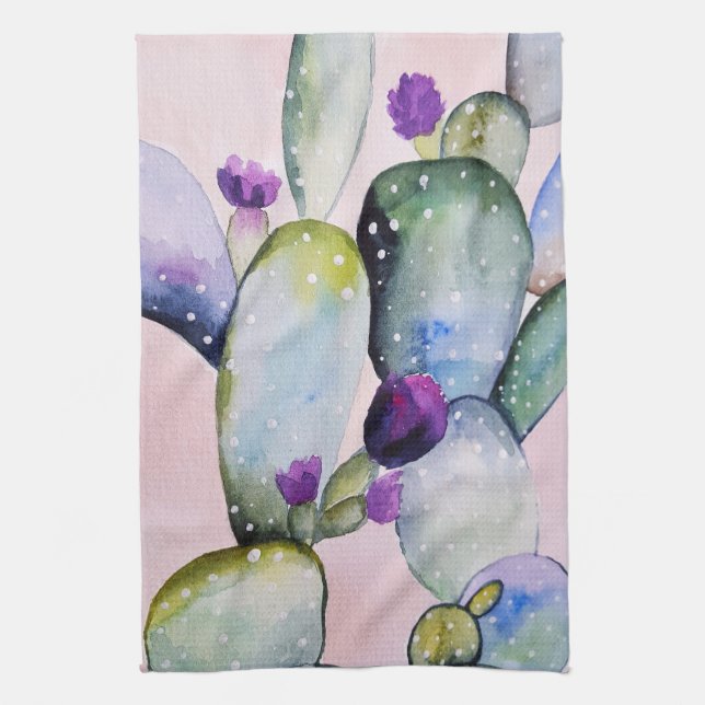 Söt Watercolor Cactus & Blommars Kökshandduk (Vertikal)