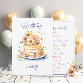 Söt Watercolor Cake and Flowers Birthday Inbjudningar