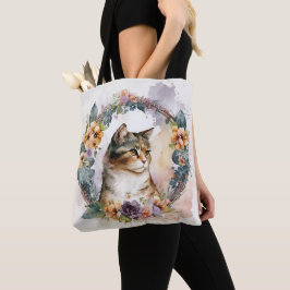 SÖT WATERCOLOR CALICO KITTEN MED BLOMMIGT WREATH TYGKASSE