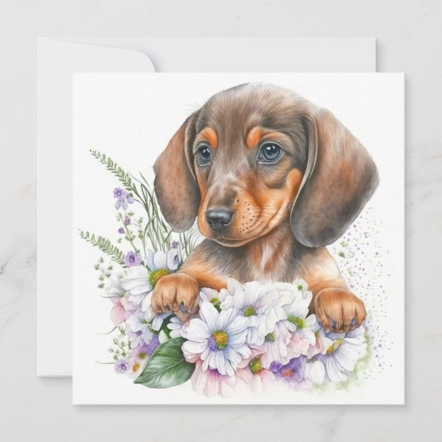 Söt Watercolor Dachshund Puppy Blommigt (Framsida)