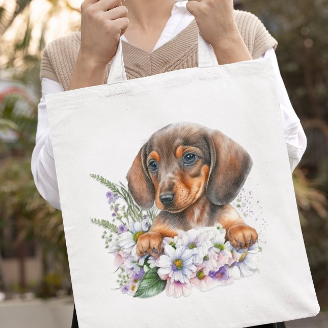 Söt Watercolor Dachshund Puppy Blommigt Tygkasse (Adorable!
)