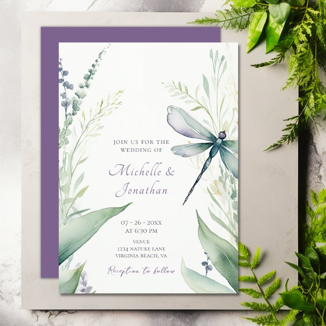 Söt Watercolor Dragonfly och Greenery Bröllop Inbjudningar (Pretty Watercolor Dragonfly and Greenery Wedding Invitation)