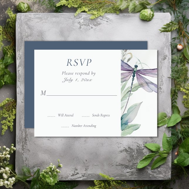 Söt Watercolor Dragonfly och Greenery Bröllop OSA Kort (Pretty Watercolor Dragonfly and Greenery Wedding RSVP Card)