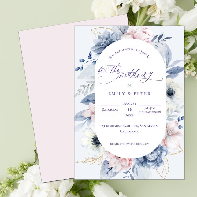 Söt Watercolor Dusty Blue Blommigt Bröllop Inbjudningar (Pretty Watercolor Dusty Blue Floral Wedding Invitation)