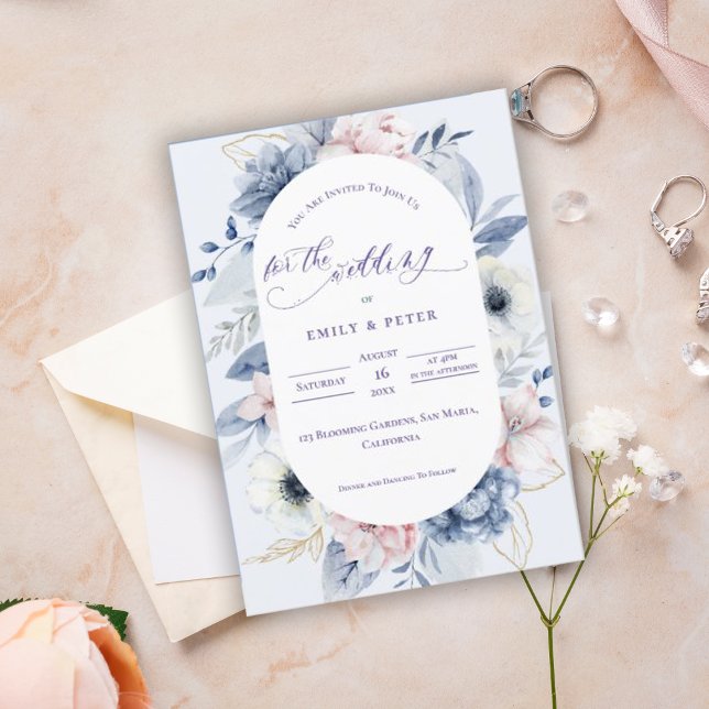 Söt Watercolor Dusty Blue Blommigt Bröllop Inbjudningar (Pretty Watercolor Dusty Blue Floral Wedding Invitation)