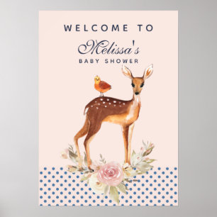 Söt Watercolor Fawn with Flowers Baby Shower Poster