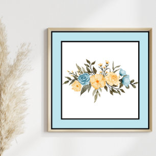 Söt Watercolor Flowers Black Linjer Blue Gräns Poster