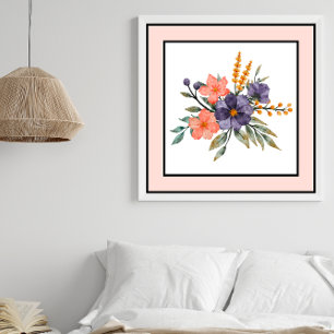 Söt Watercolor Flowers Black Linjer Peach Gräns Poster