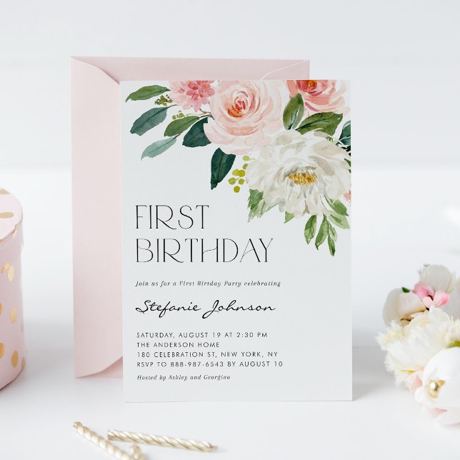 Söt Watercolor Flowers Garden First Birthday Inbjudningar (Skapare uppladdad)