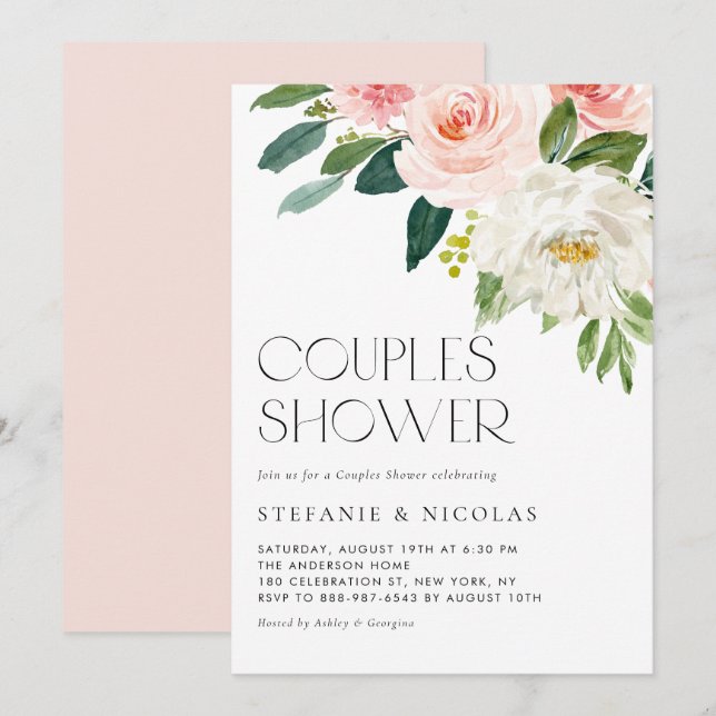 Söt Watercolor Flowers Garden Par Shower Inbjudningar (Fram/baksida)