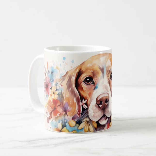 Söt Watercolor Flowers Hund Kaffemugg (Framsida vänster)