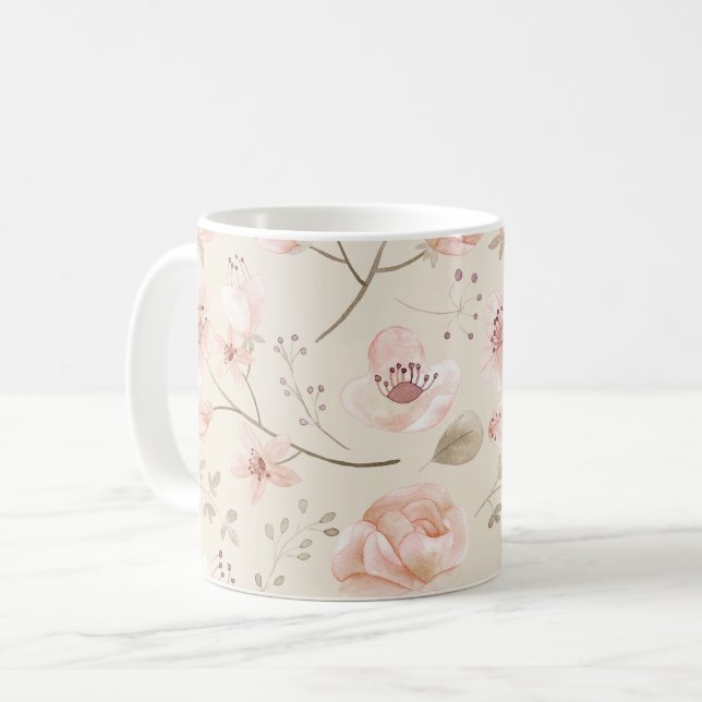 Söt Watercolor Flowers Mönster Rosa Botanical Kaffemugg (Framsida vänster)